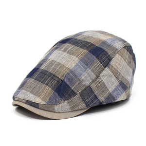Classic plaid flat cap for men in breathable navy and beige cotton with khaki trim