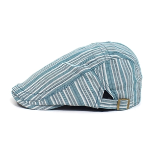 Close-up of blue and white striped cotton ivy cap with brass metal side buckle