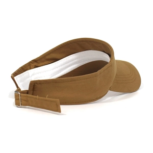 Rear view of khaki cotton sun visor hat showing adjustable metal buckle and sweatband