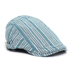 Close-up of blue and white striped cotton flat cap with adjustable metal side buckle