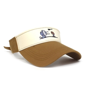 Detail of embroidered cartoon character and Ohhh text on contrast color sun visor hat