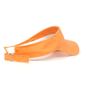 Detail of adjustable metal buckle and breathable sweatband on orange cotton sun visor
