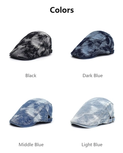 Detail view of denim beret hats in four washed colors with adjustable metal buckles