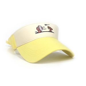 Detail of yellow and beige sun visor with cute cartoon embroidery and durable stitching