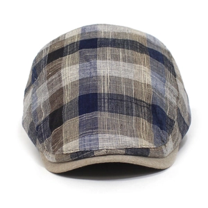 Classic men's plaid flat cap in breathable blue and beige cotton linen blend fabric
