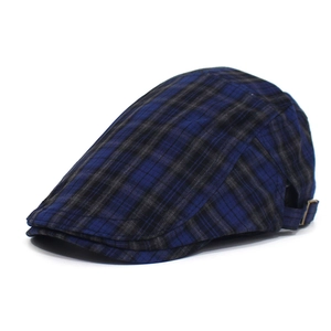 Classic blue plaid ivy cap for men with adjustable metal buckle on white background