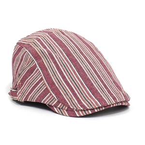 Close-up of colorful striped cotton flat cap showing metal side buckle and stitching