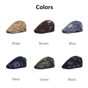 Six colors of vintage canvas flat caps featuring unique white tie-dye splatter patterns