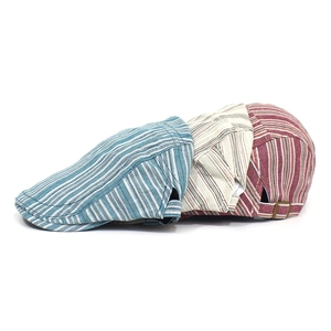 Three men's cotton striped flat caps in blue, khaki, and burgundy with metal side buckles