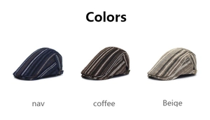 Detailed view of striped flat caps in navy, coffee, and beige with side buckles