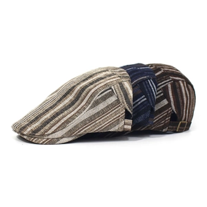 Three striped cotton beret hats in brown, navy and coffee with adjustable side buckles