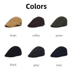 Grid view of cotton newsboy caps in six colors with embroidered bustling letters