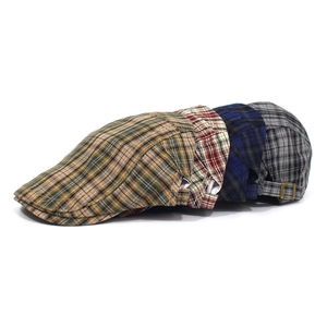 Men's vintage plaid flat cap with adjustable side buckles in four assorted color patterns