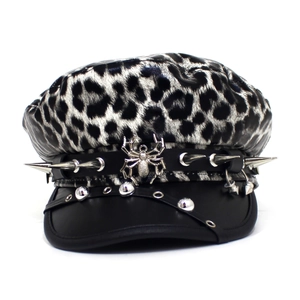 Punk leopard print military hat with silver spider ornament and metal rivets detailing