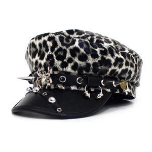 Leopard print military cap with silver spider badge and punk metal spikes on black leather