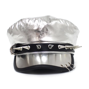 Metallic silver punk military hat with spiked rivets and metal rings on a white background
