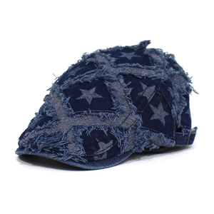 Vintage Denim Baskenmütze Schiebermütze Sternmuster Ausgefranste Kanten Street Fashion Verstellbarer Denim Hut Damen