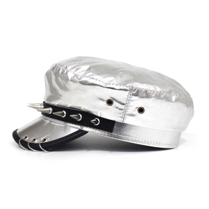 Punk style silver metallic army hat with decorative metal spikes and rings on visor