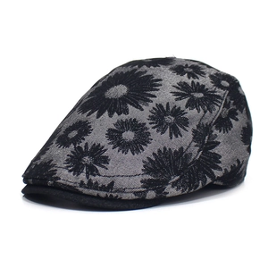 Stylish floral daisy print cotton beret cap in dark grey and black with adjustable brim
