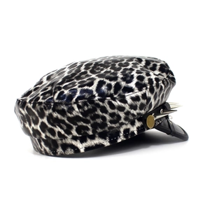 Leopard print flat top military cap with silver punk rivets and a black leather visor