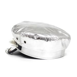 Close-up of silver punk military hat with metallic studs and side metal rings detail
