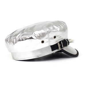 Detailed side view of silver punk military hat with metallic spikes and leather buckle