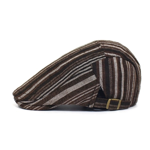 Detail view of striped cotton ivy cap with vintage adjustable brass side buckle
