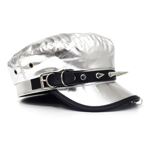 Silver punk military hat in metallic leather featuring rivets, long spikes, and metal rings