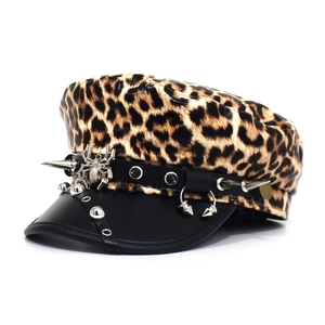 Punk Leopard Print PU Leather Navy Hat Metal Spider Studded Flat Top Military Hat Women Fashion Party Performance Headwear