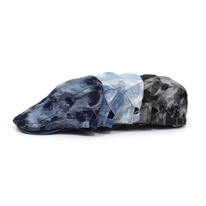 Vintage washed denim beret cap set with distressed camouflage patterns for men and women