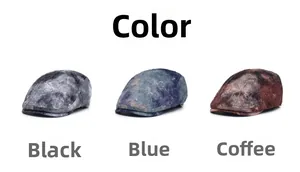 Detailed comparison of textured beret caps in black, blue and coffee with tie-dye marble patterns