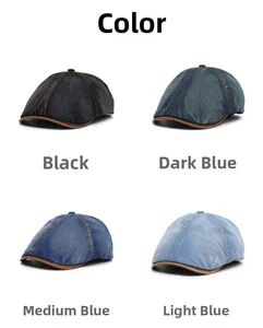 Adjustable denim newsboy cap color selection in black, dark blue, mid blue and light blue