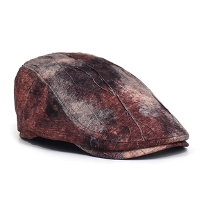 Macro shot of retro brown textured ivy cap featuring detailed wood-grain pattern and fabric