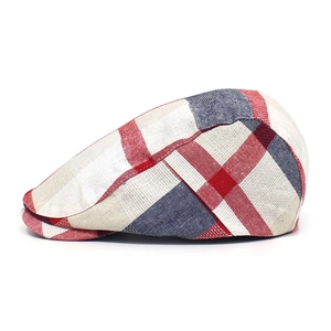 Detailed side view of a vintage red, white and blue checkered plaid flat cap
