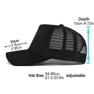 Adjustable black mesh trucker hat with leather DAD patches and size chart info
