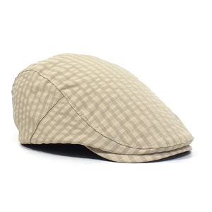 Detailed side view of a light brown plaid flat cap made of breathable quick-dry fabric