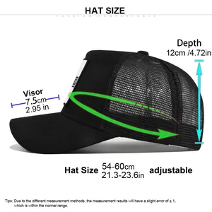 Tableau des tailles détaillé pour casquette trucker Boy Dad avec dimensions réglables du bord