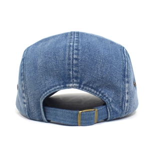 Detailed back view of a washed light blue denim camper hat with adjustable metal buckle