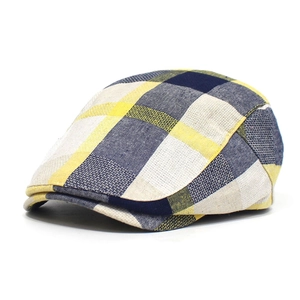 Classic British style yellow and navy plaid flat cap with breathable textured fabric