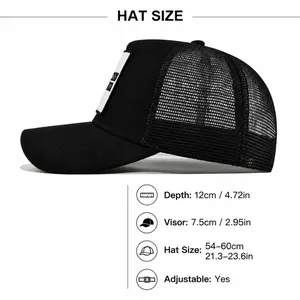 Verstellbare schwarze Mesh-Baseballkappe mit Größentabelle und 3D-Stickdetails