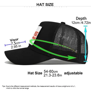 Detailed size chart for black mesh baseball cap showing visor, depth, and circumference