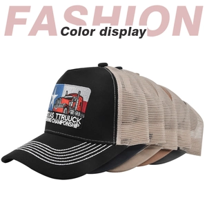 Mesh trucker caps featuring Texas truck driving embroidery in multiple colorways
