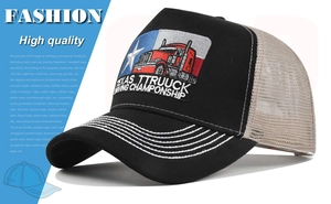 Detail of embroidered Texas Trucking Championship patch on a mesh trucker hat