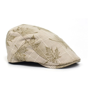 Klassische Schiebermütze mit Karomuster und Blattmotiven aus beiger Baumwolle, Unisex
