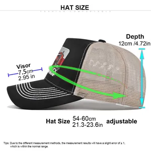 Detailed size chart for mesh trucker hat showing adjustable head circumference and visor length