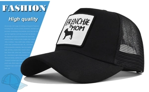 Detail of breathable mesh back and Frenchie Mom embroidery on black trucker hat