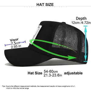 Größentabelle für schwarze Trucker Cap mit 7,5cm Schirm und verstellbarem Kopfumfang