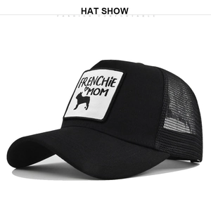 Close-up of breathable mesh back and Frenchie Mom embroidered patch on black trucker hat