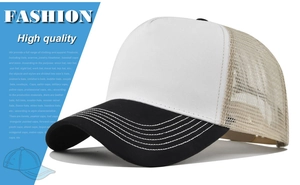 Detail of a 5-panel trucker hat featuring black curved brim and breathable mesh back