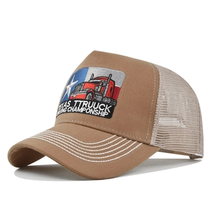 Brown mesh trucker hat with Texas Truck Driving Championship embroidery and star detail